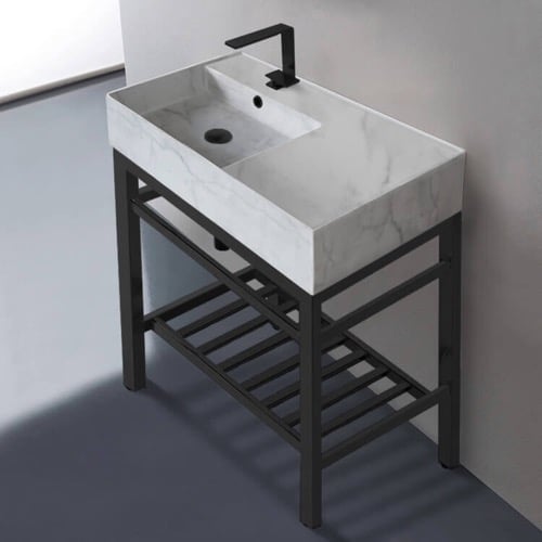 Modern Marble Design Ceramic Console Sink and Matte Black Base, 32 Inch Scarabeo 5115-F-CON2-BLK
